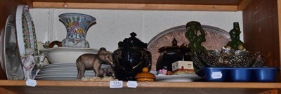 Lot 131 - Shelf of pottery, cherub sticks, stein etc