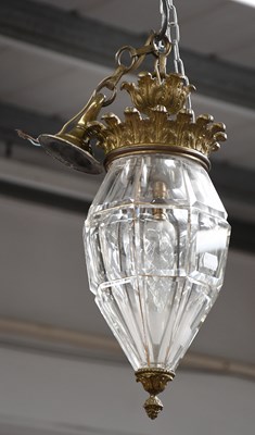 Lot 1312 - A Gilt Metal Light Pendant, with faceted glass...