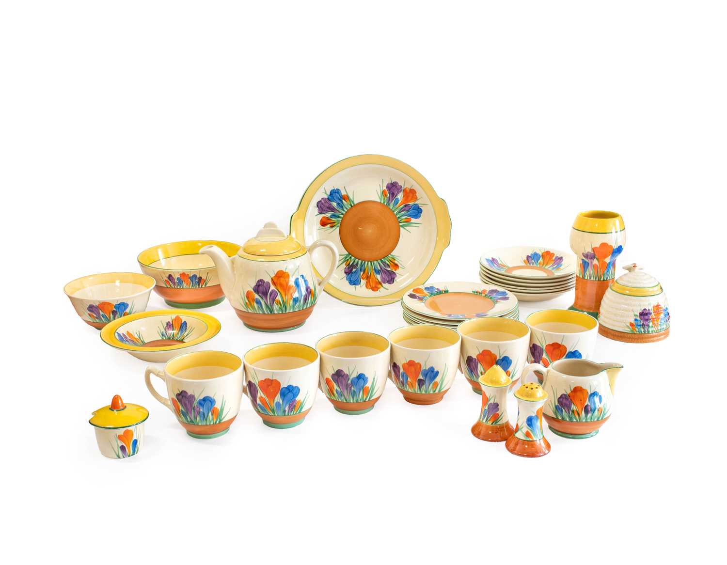 Lot 569 - A Clarice Cliff Crocus Bizarre Globe Tea Set,...