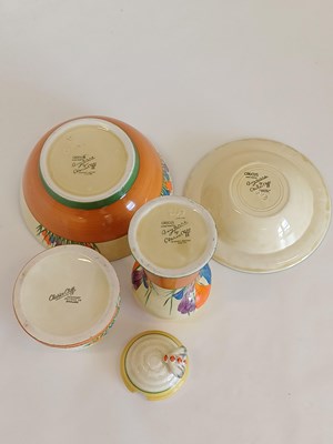 Lot 569 - A Clarice Cliff Crocus Bizarre Globe Tea Set,...