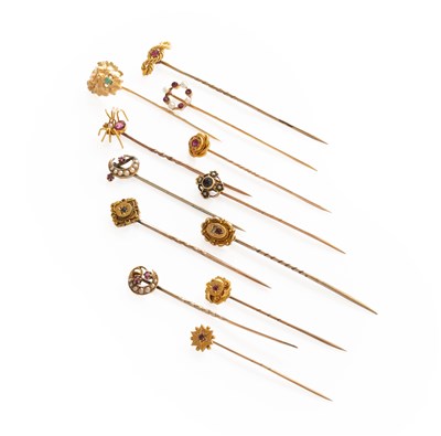 Lot 240 - Twelve Multi-Gem Set Stick Pins, of varying...