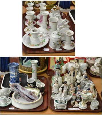 Lot 153 - Three trays of Victorian ceramics including; candlesticks, figures, toast racks, etc