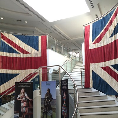 Lot 258 - Pair of Timothy Oulton Union Jack Curtains, in...