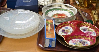 Lot 165 - Three French opalescent bowls; French plates; two bud vases; and a Old Hall bowl