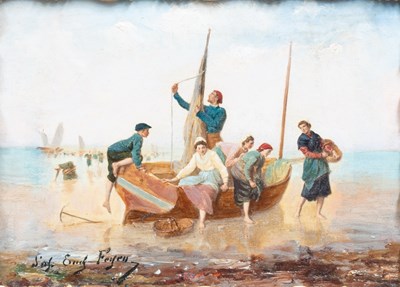 Lot 1030 - * Feyen (19th century) Figures coming ashore...