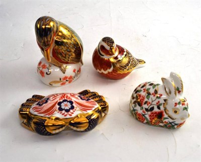 Lot 166 - Four Royal Crown Derby Imari paperweights; Meadow Rabbit, Robin, Kingfisher and Crab