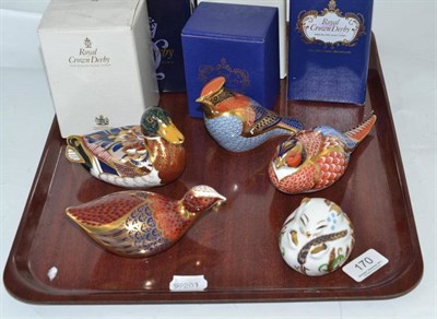 Lot 170 - Five Royal Crown Derby Imari paperweights; Coot, Waxwing, Pheasant, Mallard and Dormouse