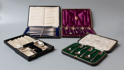 Lot 54 - Four Cased Sets of Silver Flatware, including...
