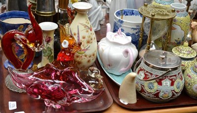 Lot 178 - Two trays of decorative ceramics and glass including; Japanese biscuit barrel; Shelley teapot;...