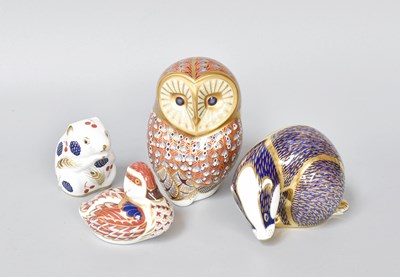 Lot 439 - Four Royal Crown Derby Paperweights, owl with...