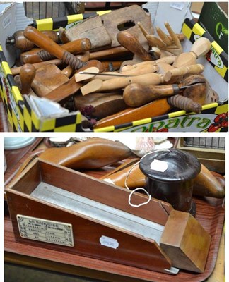 Lot 185 - A pair of shoes trees; treen string box; box of treen including shoe trees, corkscrew, etc