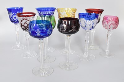Lot 458 - Ten Bohemian Coloured Glass Wine and Hock Glasses