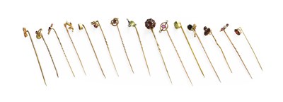 Lot 233 - Fifteen Gem-Set Stick Pins, of varying designs,...