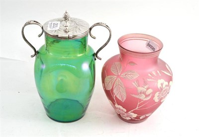 Lot 203 - Art glass iridescent jar with plated mount and a cameo glass vase