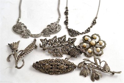 Lot 218 - Quantity of silver and marcasite brooches and necklaces