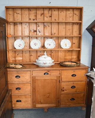 Lot 1253 - A Pine Farmhouse Kitchen Dresser and Rack,...