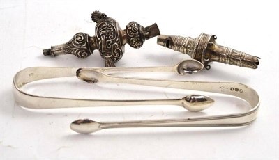 Lot 229 - Two pairs of sugar tongs, IB & JW; and two incomplete silver children's rattles