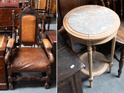 Lot 1294 - A Carved Oak Open Armchair with Leather...