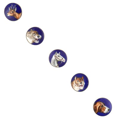 Lot 2426 - Five Enamel Buttons of circular design on blue...