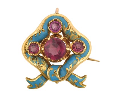 Lot 2409 - A Garnet and Enamel Brooch the round cut...