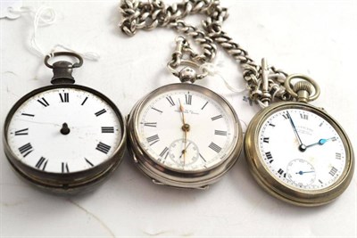 Lot 239 - Two silver pocket watches, a plated pocket watch and a silver watch chain