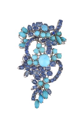 Lot 2245 - A Sapphire and Turquoise Brooch of abstract...
