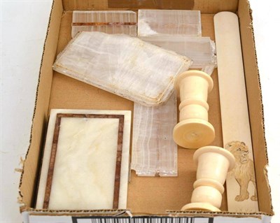 Lot 249 - Quantity of ivory items, candlesticks, page turners, silver and alabaster cigarette box (in...