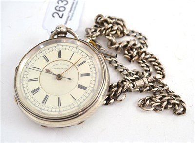 Lot 263 - A silver open faced chronograph pocket watch with attached silver and silver plated watch chain