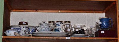 Lot 266 - Blue and white pottery, glassware, Wedgwood jasperware plates, pottery jugs, etc (on one shelf)