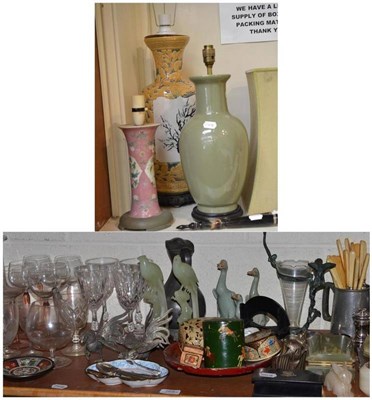 Lot 268 - A shelf of glass, plated flatware, Oriental items and three lamps