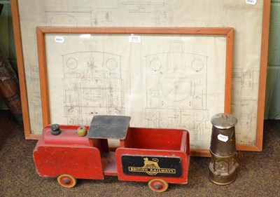 Lot 272 - Mixed collectables, including wood train, Eccles Protector miner's lamp, two technical drawings...