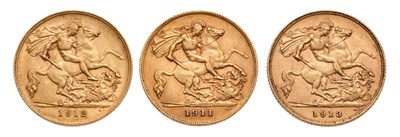 Lot 344 - 3x George V, Half Sovereigns, 1911, 1912 and...