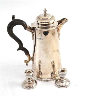 Lot 289 - A silver coffee pot and two miniature silver mounted candlesticks