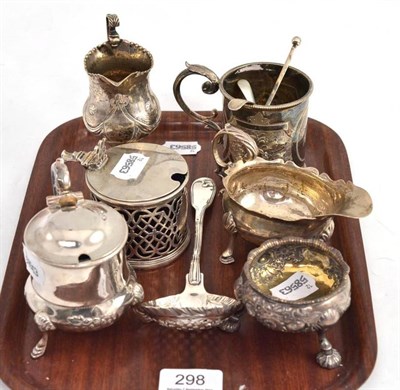 Lot 298 - Two silver condiments, silver sauce boat, silver cream jug and plated items