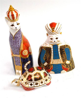 Lot 300 - Three Royal Crown Derby figures - 'Royal Cats Abyssinian', 'Turtle' and 'Royal Cats Persian'