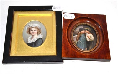 Lot 305 - Miniature porcelain plaque Madame Vigee de Bruin and another of children (2)