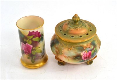 Lot 307 - Royal Worcester ";Hadley"; rose painted pot pourri and cover and a Royal Worcester rose painted...