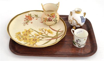 Lot 316 - Royal Worcester blush ivory posy vase, plate, chinoiserie vase and coffee can (4)