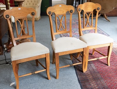 Lot 1168 - A Set of Six Beech Dining Chairs, with scroll...