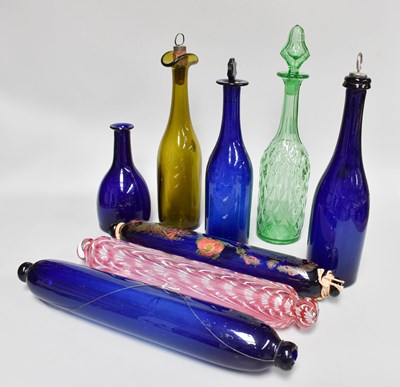 Lot 452 - Three Victorian Coloured Glass Rolling Pins,...