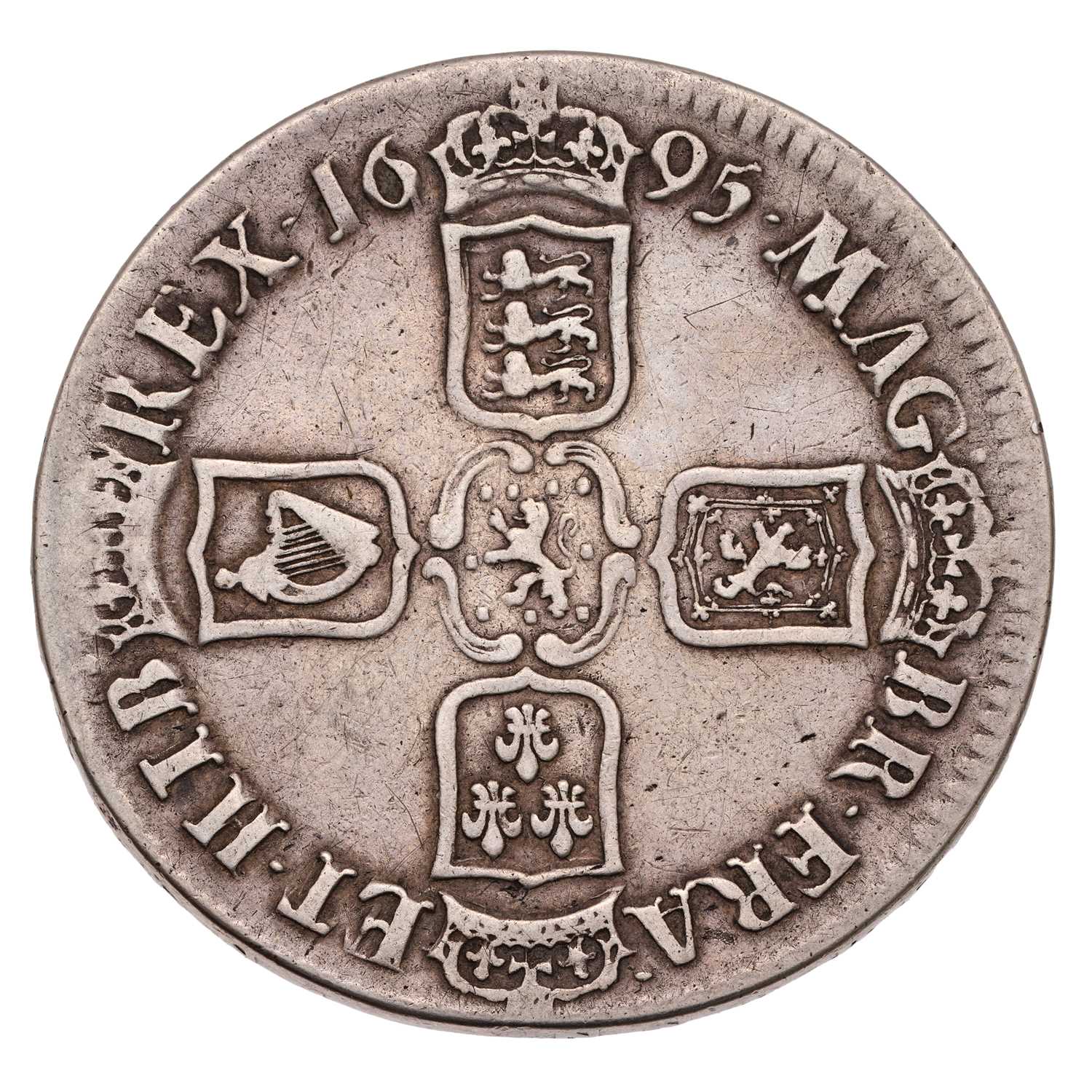 Lot 33 - William III, Crown 1695, SEPTIMO, first harp,...