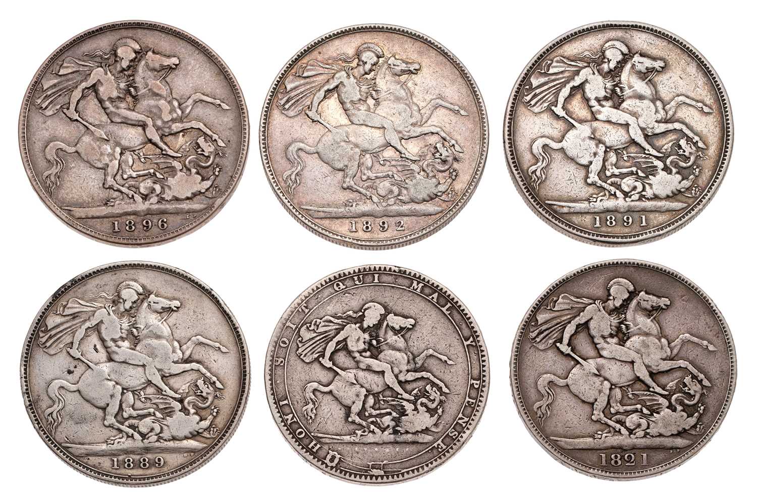 Lot 38 - 6x UK Crowns, comprising: George III, 1820LX,...