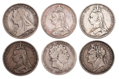 Lot 38 - 6x UK Crowns, comprising: George III, 1820LX,...