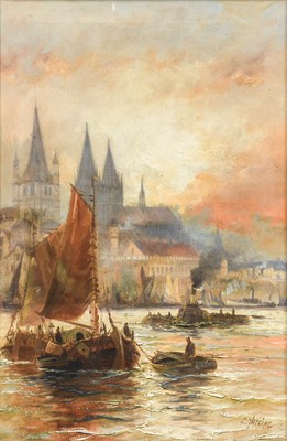 Lot 451 - E Fletcher (1857-1945) Shipping at dusk Signed,...