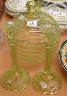 Lot 341 - Craquelure vaseline glass vase and a pair of candlesticks