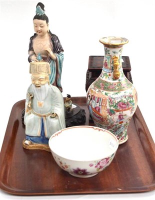 Lot 344 - Chinese porcelain figure of a deity on a wood plinth, another figure of a scribe, a Chinese vase, a