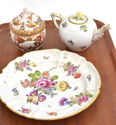 Lot 345 - Meissen sucrier and cover, Herend small teapot and cover and a German floral plate (3)