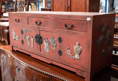 Lot 1287 - A Chinoiserie Laquered Low Cabinet, set with...
