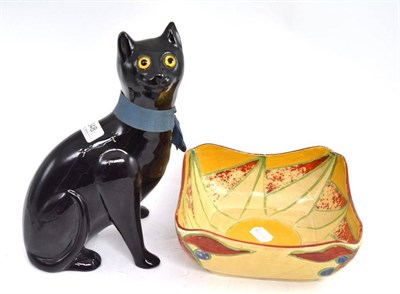 Lot 348 - A Clarice Cliff Bizarre pottery bowl (a.f.) and a Bretby black glazed figure of a cat with...