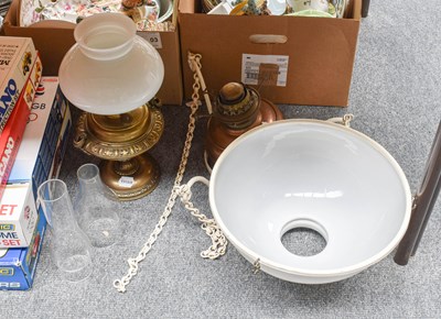 Lot 462 - A Brass Based Oil Lamp, with opaque white...